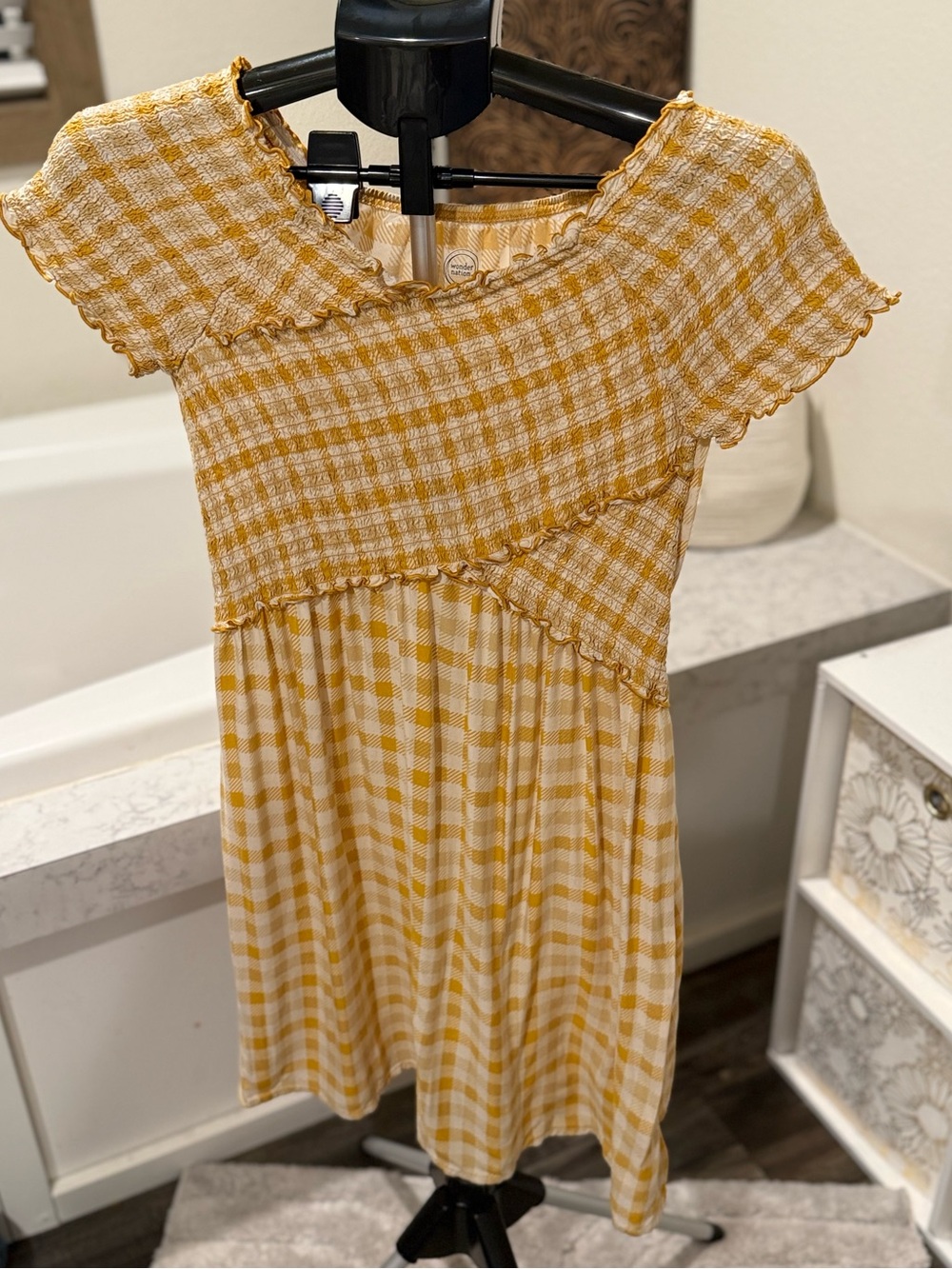 Wonder Nation Mustard Gingham Smocked Dress Girls XXL 18